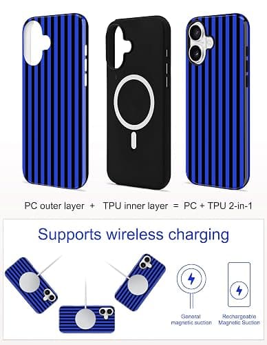 Aitipy Magnetic Striped Phone Case for iPhone 16 Plus, Black Blue | Compatible with MagSafe, Cute Stripes Aesthetic Design, TPU and PC Protective Shockproof Cover for Women Girls thumbnail 2