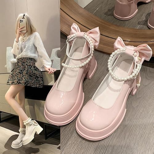Frauen Lolita Schuhe Absatz Mary Jane Spitze Pumps mit Schleife Kawaii Nette Cosplay Keil Stiefel Cross Strap Block Heel Süße Art thumbnail 2