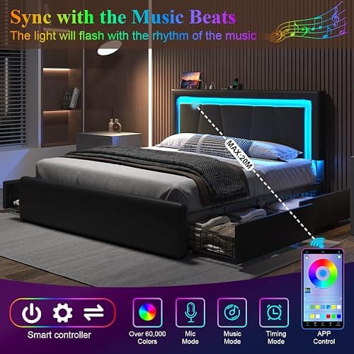 Queen Size Bed Frame with 4 Storage Drawers and LED Lights, Upholstered Platform Bed with Adjustable Headboard and Charging Station, Metal Slats Support, No Box Spring Needed,Easy Assembly, Black thumbnail 3