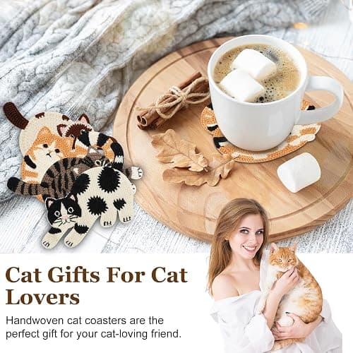 OT-NVWOZR Cute Cat Coasters for Desk, Funny Woven Coaster for Decoration, Creative Gifts for Cat Lovers, Crochet Insulation Knitted Coasters for Coffee Tea Table Desktop Protection (4, Style B) thumbnail 6