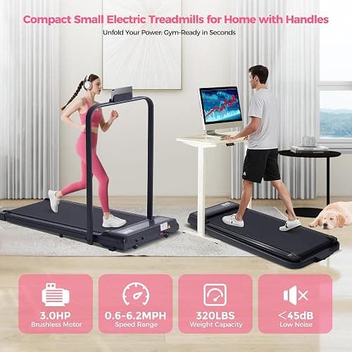 Treadmill with Handles for Home Small, 3.0HP Electric Compact Walking Pad Treadmills with Handle Bar, 0.6-6.2MPH Portable Under Desk Treadmill Home for Small Space, 320LBS thumbnail 4
