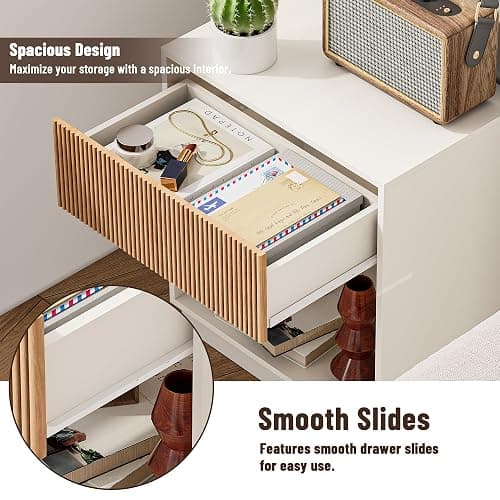 Fluted Nightstands Set of 2, Modern Bedside Table with Drawer and Storage Shelf, Wood End Table Mid Century Night Stands for Bedroom Living Room Sofa Couch Office (White+Oak) thumbnail 5