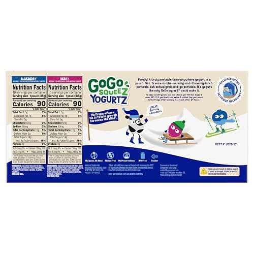 GoGo squeeZ Low Fat YogurtZ Variety Pack, 3 oz Pouches, 20 Count | Kids snack, blueberry & berry flavor, real yogurt & fruit; no fridge needed, gluten and nut free, recloseable cap, BPA-free thumbnail 2