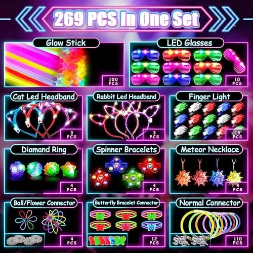 MIBOTE 269Pcs Led Light Up Toys Party Favors Glow in the Dark Party Supplies for Kid/Adults Halloween with Light Up Glasses,Rings,Fidget Spinner Bracelets,100 Glow Sticks Bulk Party Pack DIY Glow thumbnail 2