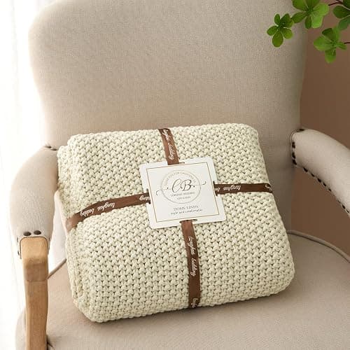 Chunky Cable Knit Throw Blanket Lightweight Cream 100% Organic Cotton Blanket for Sofa Couch Bed Baby Nursery, Rustic Shabby Chic Modern Farmhouse, 51” x 63” Give Laundering Bag thumbnail 8