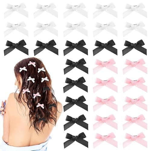 30 Stück Mini Schleife Haarspangen, Süß Haarschleife Haarschmuck Satinschleifen Haarclips Niedlich Einfarbig Hair Accessories Klein Haarklammern für Damen Mädchen Frauen Kinder(Rosa+Schwarz+Weiß) - Image 1