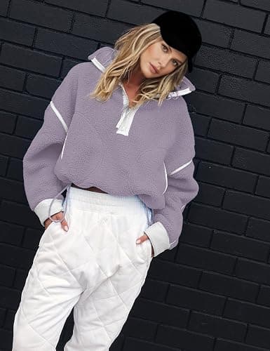 Kumufenc Women's Fleece Sweatshirts Half Zip Pullover Long Sleeve Oversized Workout Crop Tops Hoodie with Pocket thumbnail 4