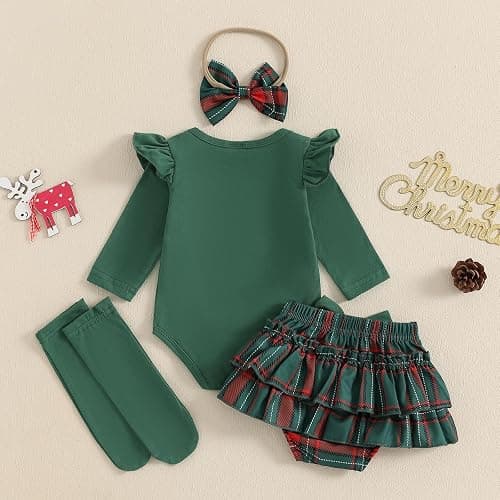 FYBITBO Newborn Baby Girl Christmas Outfits Cute Letter Romper Ruffle Plaid Skirt Dress Infant Christmas Outfit Clothes Set thumbnail 3