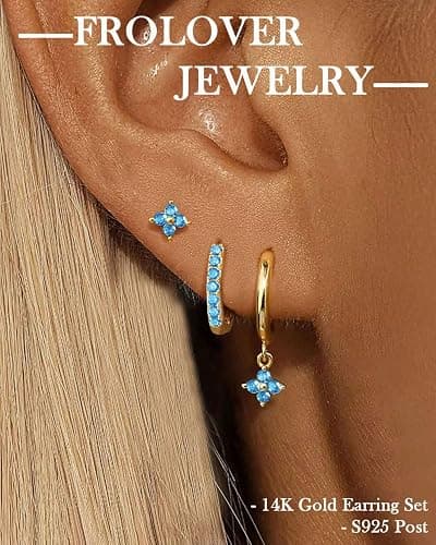 FROLOVER 3 Pairs Gold Hoop Earrings Set for Women, Hypoallergenic 14K Gold Plated Huggie Earrings Stacks for Multiple Piercing Dainty Stud Earring Cartilage Birthstone Earring Women Jewelry Gift thumbnail 2