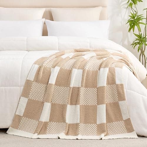 Snuggle Sac Checkered Blanket, Beige Throw Blanket for Couch Plaid Microfiber Fluffy Warm Cozy Fuzzy Soft Throw Blanket Reversible Checkered Blankets for Sofa, Chair, Bed, 50x60 inches thumbnail 7