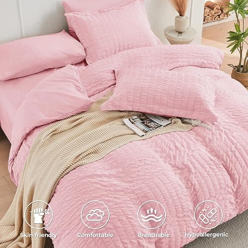 HYMOKEGE Pink Full Size Comforter Sets Seersucker 7 Pieces, All Season Luxury Bed in a Bag for Bedroom, Bedding Set with Comforters, Sheets, Pillowcases & Shams thumbnail 3