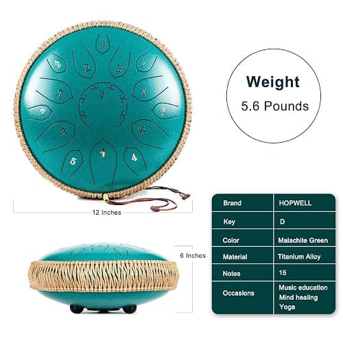 HOPWELL Steel Tongue Drum - 15 Note 12 Inch Tongue Drums - Percussion Instruments - Hand Pan Drum with Music Book, Drum Mallets and Carry Bag, D Major, Malachite Green thumbnail 5