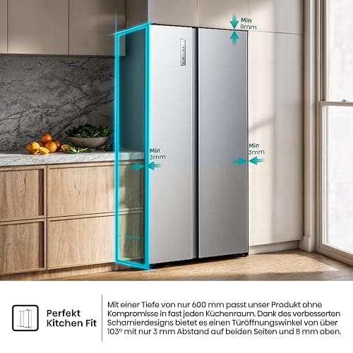 Hisense RS3P538NAIE Kühl-Gefrierkombination/Side by Side/Freistehend/ 527 L/EEK: E/ 39 dB/Perfekt Kitchen Fit/Boden-Kühlsystem/Meta-Tech Cooling/Total No Frost/ (BxHxT): 91,1×178,6×60 cm/Grau thumbnail 6