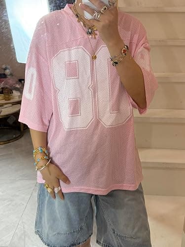 DSORVICD Women Oversized Jersey Shirts Y2k Number Print Graphic Tees V Neck Short Sleeve Baggy T-Shirt Preppy Clothes thumbnail 2