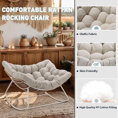 ZJEYEJZ Outdoor Rocking Chair, Oversized Rattan Papasan Rocking Chair, Patio Wicker Egg Chair with Padded Cushion, Rocker Egg Chair for Living Room, Patio, Front Porch, Backyard thumbnail 5