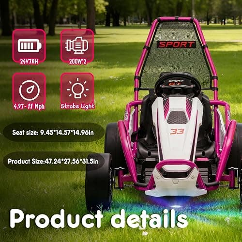 24V Electric Go Kart for Kids, Drift Kart w/Dual 200W Motors, 11 MPH, Front EVA Wheel & Metal Frame, Outdoor Ride on Toy w/Music & Lights, 2 Speed, 5 Point Harness, Crazy Cart for Ages 6-12, Pink thumbnail 7