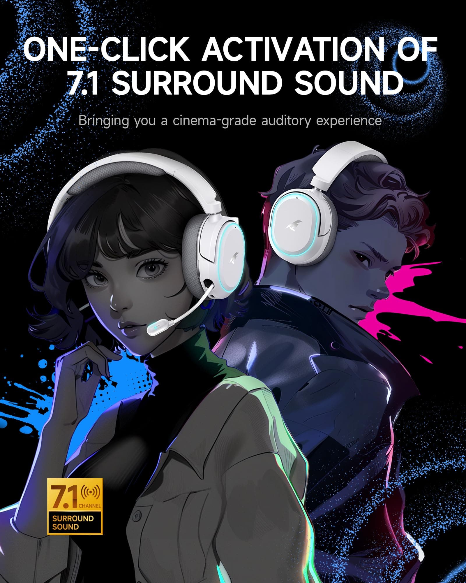 Picun G2 Wireless Gaming Headset, Over-Ear 7.1 Virtual Surround Sound, 2.4GHz/Bluetooth 5.4/Wired, 5ms Ultra-Low Latency, 100H Battery, ENC Noise-Canceling Mic, RGB, for PC PS5 PS4 Switch (Grey) thumbnail 2