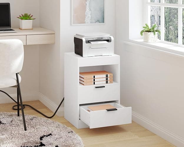 Yusong LED Nightstand Bedside Table with Charging Station 2 Drawers, White Modern Sofa Couch End Side Table with LED Lights and Pull-Out Shelf for Bedroom Living Room, Wooden thumbnail 8