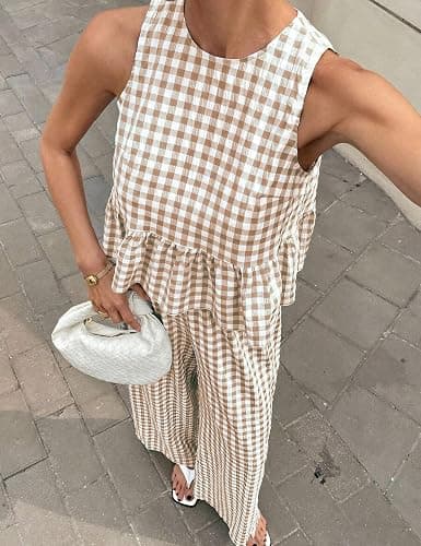Tanming Women's 2 Piece Set Outfits Gingham Plaid Tank Tops Wide Leg Pants Matching Lounge Sets thumbnail 3