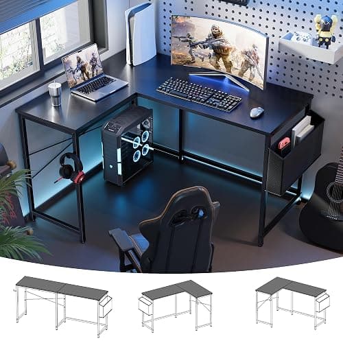 Pamray 47 Inch Reversible L Shaped Gaming Desk Corner Computer Desk with Storage Bag Home Office Table for Writing Study Black - Image 1