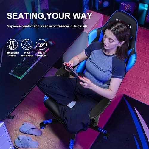 GTRACING Gaming Chair with Footrest, Ergonomic Computer Game Desk Chair, Reclining Game Chair Seat Height Adjustment, Swivel Rocker with Headrest and Lumbar (Blue) thumbnail 3