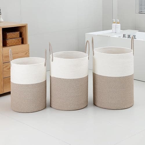 Laundry Basket Hamper Tall Rope Storage Woven for Blanket Toys Dirty Clothes in Living Room Bathroom Bedroom White & Brown 60L/15.8Gal thumbnail 8
