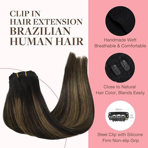 GOO GOO Clip in Hair Extensions Real Human Hair, Remy Human Hair Extensions Clip ins for Women, Natural Human Hair, 22inch 120g 7Pcs, 1B/6/1B Balayage Natural Black to Chestnut Brown thumbnail 3
