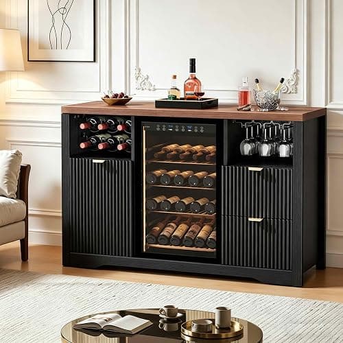 Coffee Bar Cabinet with Mini Fridge Space, 53"Wine Cabinets with Storage | Wood Fluted Liquor Sideboard Cabinet with Storage Drawer, Wine Rack,Glass Holder for Home,20"D x 53"W x 39.4"H-Black thumbnail 3