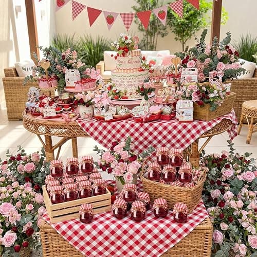 LemonRoad 30 Mini Yogurt Jars 3.4 oz Glass Bottles with Plastic Lids for Jam, Honey, Wedding Favors, Birthday Party Decor Mason Jar with Checkered Cloth and Rope (Circle,Red,White) thumbnail 6