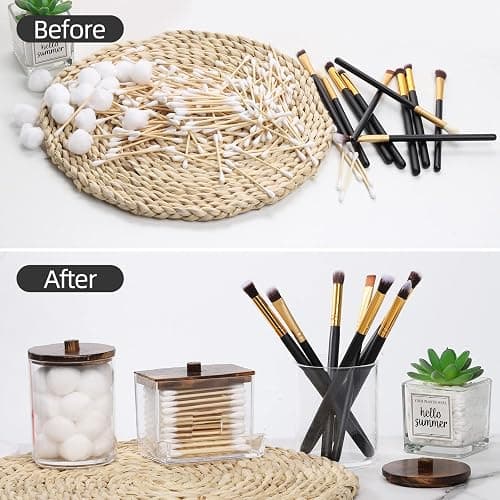 Tbestmax Qtips Holder Bathroom Container, 10 OZ Cotton Ball/Swabs Dispenser, Apothecary Jar Organizer for Storage Brown Wood Lids thumbnail 5