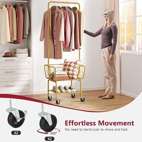 Tajsoon Rolling Laundry Cart with Hanging Rack & Laundry Basket, Gold | Metal Commercia Laundry Cart with Wheels, Laundry Hamper Sorter with Storage Basket & Shelf, Laundry Room, Bathroom, Bedroom thumbnail 6