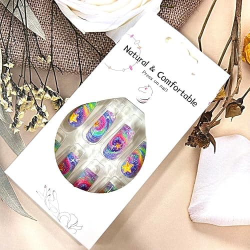 TBRZTR Stars Press on Nails Medium Square Colorful Starry Sky Pattern Design Gradient Fake Nail Acrylic Artificial Glue on Nails Full Cover Glossy Press Ons Stick on Nail for Women Manicure 24Pcs thumbnail 5