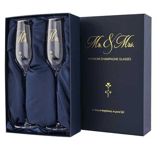 Bride and Groom Champagne Glasses (8 oz), Gold Print Mr and Mrs Glasses for Wedding Glasses and Toasting Flutes, Bridal Shower Gifts, Engagement Gift, Comes with Gift Box and Note Card thumbnail 4