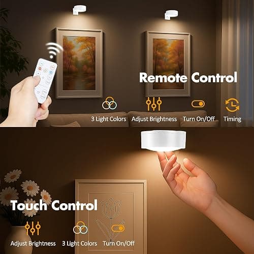 3Pcs Picture Light Battery Operated, Wireless Led Painting Light with Remote Dimmable and Timer, 3 Lighting Modes Art Display Light for Picture Frame Artworking Portrait, Wall Decorative Puck Lights thumbnail 6