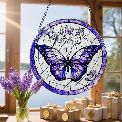 Stained Glass Window Hanging, 8 Inch Purple Butterfly Stained Glass Suncatcher, Butterfly Light Catcher, Window Hanging Decor, Gifts for Mother's Day, Christmas, Birthday, Gifts for Women Mom Grandma thumbnail 6