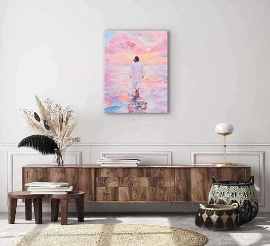 Jesus Canvas Wall Art Pink Jesus Walks on Water Canvas Paintings Prints Religious Savior Wall Decor Christian Bible Stories Poster printing Artwork for Living Room Bedroom Church Decoration 12x16in thumbnail 6