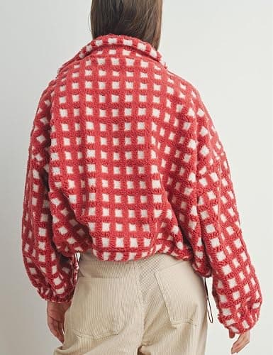 Esmeling Women’s Long Sleeve Cropped Sherpa Fleece Plaid Jacket Casual Chunky Teddy Fleece Outerwear thumbnail 3
