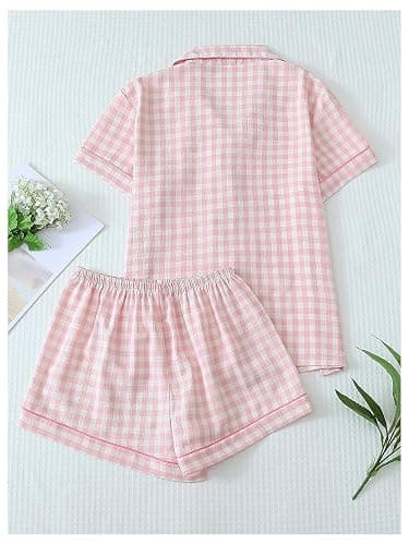 Verdusa Women's Plaid 2 Piece Cute Pajama Sets Short Sleeve Button Down Shirts with Shorts Loungewear thumbnail 2