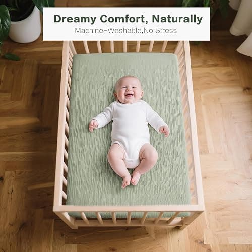 Coreeky Muslin Bedside Sleeper Bassinet Fitted Sheets, 3 Pack Cotton Baby Sheet for Boys & Girls, Soft, Compatible with Baby Delight, Dream On Me, AMKE and Other Rectangle Mattress (Leaf Green) thumbnail 4