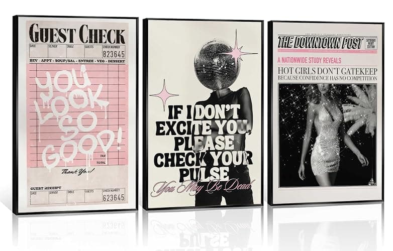 Vintage Pink Canvas Wall Art Set of 3 Funky Hot Girl Pictures You Look So Good Poster Preppy Trendy Paintings Home Wall Decor Aesthetic Disco Ball Bar Cart Prints for Apartment Dorm (12x16in) Unframed - Image 1