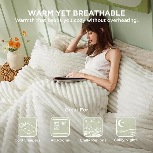 Bedsure Large Queen Fluffy Comforter Set, Cozy Fleece Cream White Bedding | Ultrasoft Ribbed Flannel Comforter, Fall & Winter Warm Bedding Set, Gift for Women, Room Decor Aesthetic, OEKO thumbnail 5