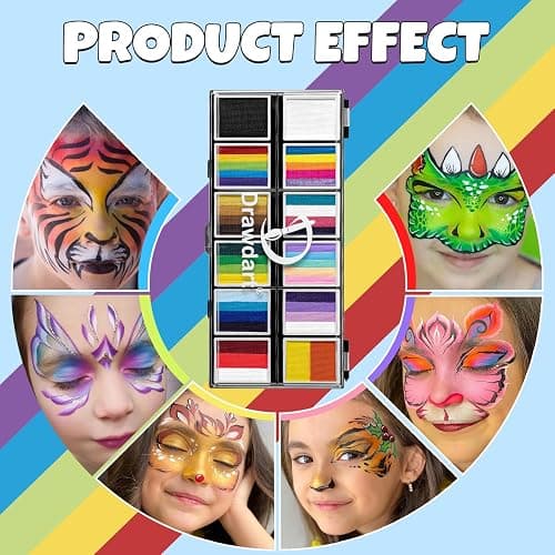 Drawdart Professional Face Painting Kit for Kids & Adults, Split Cake Face Paint Palette 12 x 10gm with Stencil, One Stroke Non Toxic Rainbow Body Paint Set for Halloween & Christmas Makeup thumbnail 9