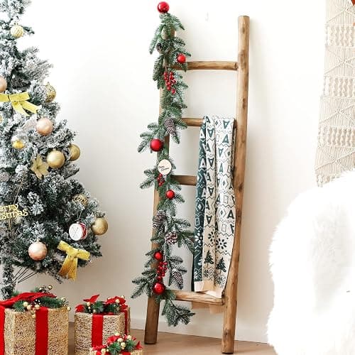 FUIN Fully Assembled 57in Wood Blanket Ladder Living Room Decorative Wall Leaning Farmhouse Quilt Display Holder Rustic Wooden Towel Rack for Bathroom, Brown thumbnail 7