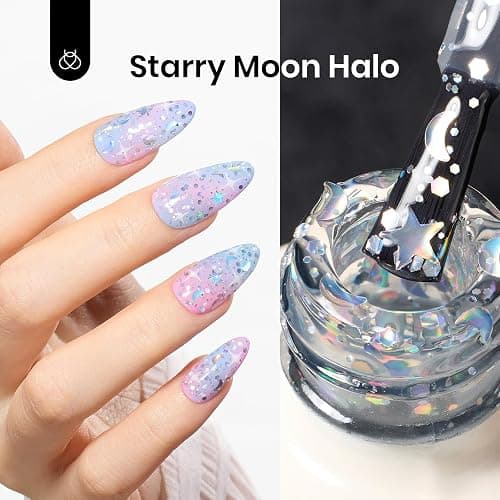 beetles 2 In 1 Silver Glitter Top Coat, 15 ML No wipe Stars Moon Halo Top Coat Soak Off UV Uv Led Gel Nail Polish Long Lasting Highly Shine Manicure Art Decoration Supplies thumbnail 2