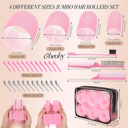 obeoby 4 Sizes Self-Grip Hair Rollers Curlers Set for Women Girls, Pink | No-heat Set with Clips Comb (25, 36, 48, 60mm) Plastic Jumbo Large Small for Long Short Curly Bangs Styling Accessories Gifts thumbnail 2