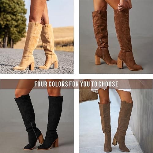 Erocalli Suede Knee-High Boots Fall Boot For Women Chunky Block High Heel Slouch Fashion Boot Round Toe Side Zipper thumbnail 6