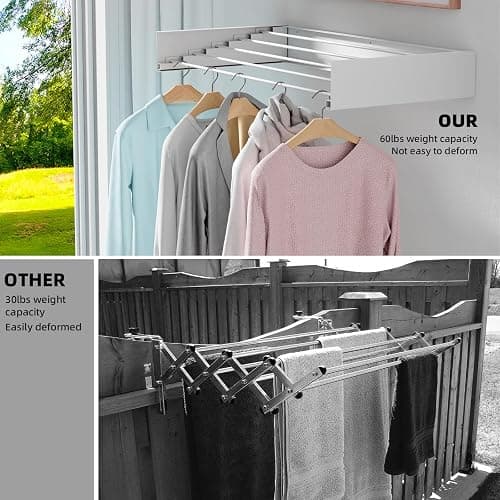 Laundry Drying Rack Collapsible, Wall Mounted, Clothes Drying Rack, 31.5" Wide, 13.2 Linear Ft, 5 Aluminum Rods, 60 lb Capacity, Laundry Racks for Drying Clothes with Wall Template(White 31.5" ) - White - 31.5'' thumbnail 6
