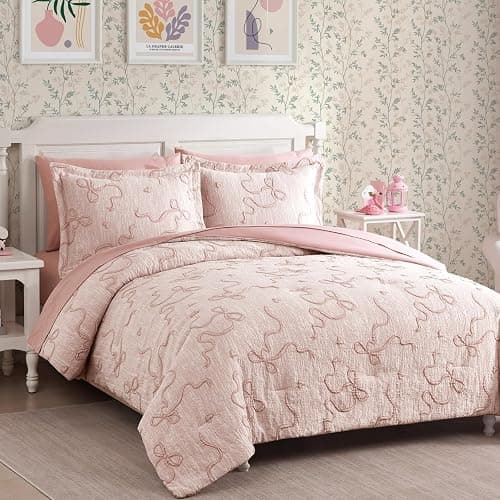 Geniospin Pink Twin Comforter Set for Girls- 5 Pieces Bowknot Jacquard Bed in A Bag Twin Bedding Sets with Sheets, Pillowcases & Shams, All Season Kids Comforter Set thumbnail 4