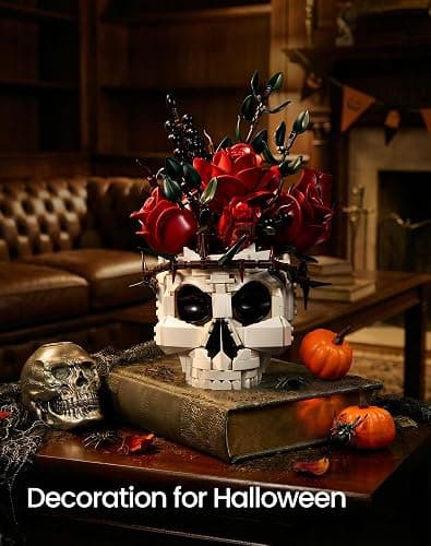 Gothic Skull Rose Flower Bouquet Building Set – Horror Skeleton Botanical Brick Kit for Adults, Gothic Decor with Red Roses, Dark Aesthetic Skull Planter Display, Unique Gift for Women & Goth Lovers thumbnail 7