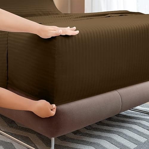 ROYALE LINENS 4 Piece Full Sheets Set - Soft Brushed Microfiber Bedding - 1 Fitted, 1 Flat Sheet, 2 Pillow Cases - Wrinkle Free & Fade Resistant - Hotel Luxury Bed Sheets (Stripe Chocolate, Full) thumbnail 3